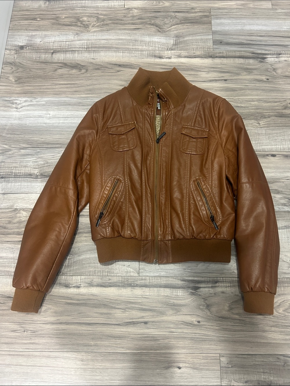 Men's Brown Leather Bomber Jacket with Ribbed Trim